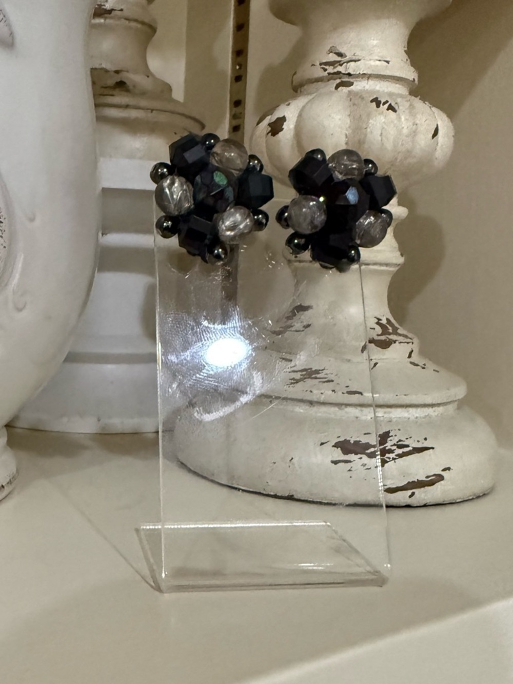 Vintage W. Germany Cluster Clip On Earrings - Black Beaded